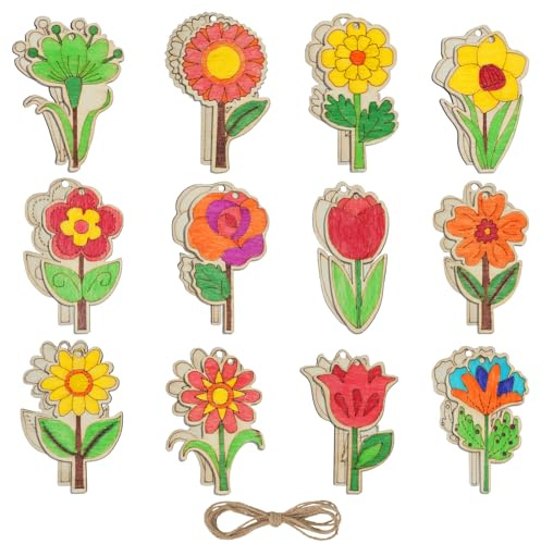 FALSKT 24 Stück Holzblumen zum Bemalen, 12 Stile Holz zum Bemalen mit 2m Schnur Blumen Holzbrettchen für DIY Handwerk Weihnachtsbaum Anhänger