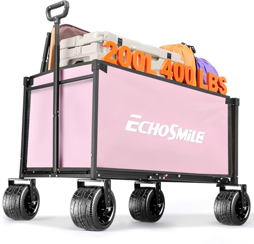 EchoSmile Bollerwagen Faltbar 200L 180KG Belastbar, Handwagen Transportwagen Klappbar mit Verstellbarem Griff, Breite Räder All-Terrain Strandwagen Gartenwagen Einkaufswagen, Rosa