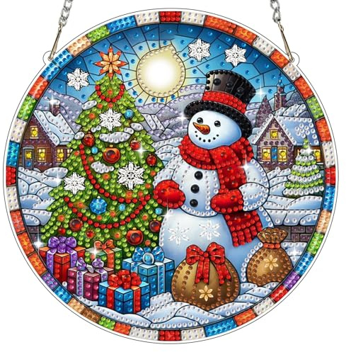 Bowetile Diamond Painting Anhänger Schneemann, Weihnachtsbäumen Diamond Painting Fensterbilder für Erwachsene, Kinder Hängende Ornament Motive Bastelset für Wand Fenster Garten, Decor Geschenk