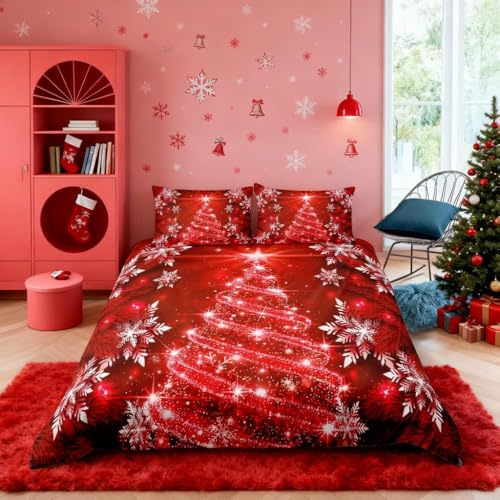 Homemissing Weihnachtsbaum Bettwäsche Set 135x200cm Kinder Jungen Mädchen Luxus Chic Weihnachts Thema Bettbezug Set Frauen Schneeflocke Stern Bettwäsche-Set Mikrofaser Roter Raum Dekor Bettwäscheset
