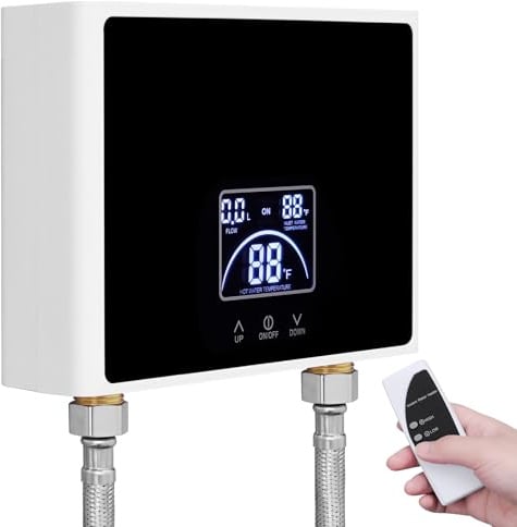 Genomströmningsvärmare, 5 500 W elektrisk varmvattenberedare med LED-skärm, minivarmvattenberedare 230 V för kök och dusch, badrum, utan kontakt, tryckbeständig, snabb uppvärmning, IPX4 vattentät