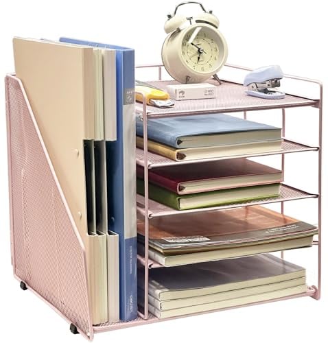 TempFoo Schreibtisch Organizer Mit Büro Aktenhalter Zubehör, Rosa | 5 Schichten Dokumentenablage Ablagefächer Stapelbar, Mesh Briefablage Schreibtischorganizer Papierablage Desk Shelf (Rosa)