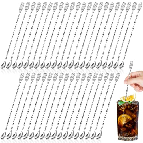 LemonRoad 50 Pcs 10'' Long Bar Spoon Bulk Cocktail Mixing Stirrers for Drink Stainless Steel Long Spiral Pattern Handle Stirring Spoons for Cocktails Coffee Smoothies Bar Home Kitchen, Silver