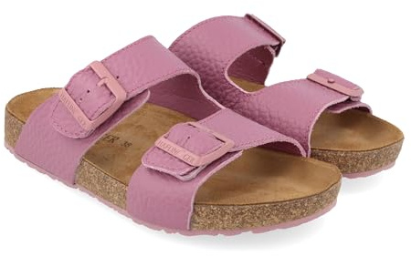 HAFLINGER Bio Bonnie Leder Pantolette Sandale mit Schnalle Korkfußbett Unisex Pink (Pink 1818), Gr 38