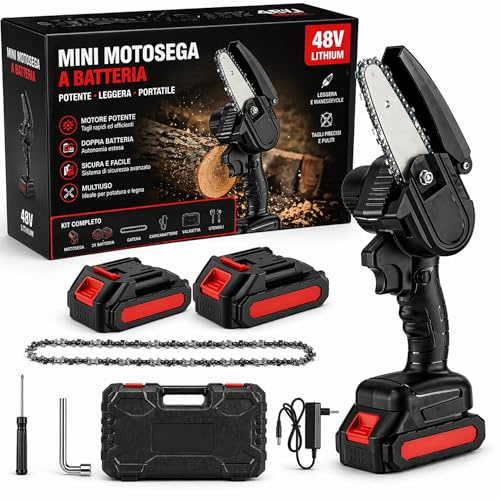 Motosega a Batteria 6 Pollici - Kit Completo con Accessori, Valigetta e Doppia Batteria 48V/88V per LUNGA DURATA - Nera&Rossa - Lama RESISTENTE in Acciaio SK5 - Design Ergonomico