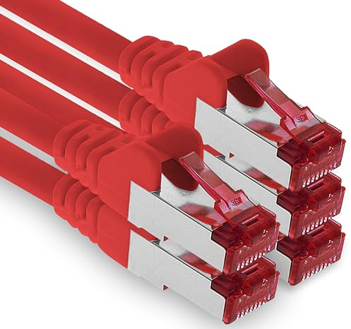 1aTTack.de - 5x 0,5 m cavo patch CAT6 S/FTP PIMF schermatura CAT.6 cavo di rete RJ45 cavo Ethernet DSL router LAN switch modem pannello patch - rosso - 5 pezzi