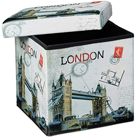 Relaxdays Faltbarer Sitzhocker 38 cm stabiler Sitzwürfel mit trendigen Motiven als praktische Fußablage als Sitzwürfel mit bedrucktem Kunstleder als Aufbewahrungsbox mit Stauraum und Deckel, London
