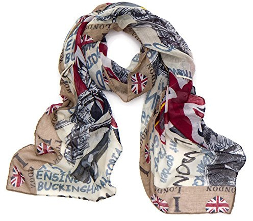 World of Shawls Schals und Tücher mit Motiven aus London und Großbritannien, tolles Souvenir, für Damen, Mädchen und Unisex Gr. One size, I Love London Border - Cream/Brown