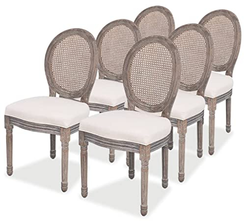 vidaXL Esszimmerstühle 6 STK., Esszimmerstuhl mit Rattan-Rückenlehne, Essstuhl Küchenstuhl Holzrahmen, Stuhl für Esszimmer Küche, Polsterstuhl, Creme Stoff