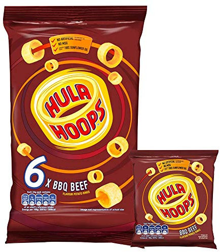 Hula Hoops - BBQ BEEF Multipack 6 x 24g Bags - Deliciously Crunchy Potato Rings - Completely free from artificial flavours, colours and MSG, Suitable for Vegetarians.