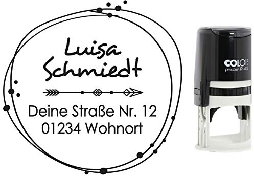 Adressstempel Rund Rahmen 3 mit Namen Straße und Ort, Hochzeit, Boho, Kinder verschiedene Motive, Colop mit integriertem Stempelkissen