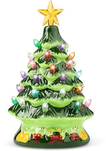 JOIEDOMI 7 Ceramic Christmas Tree Pre-lit Tabletop XMAS Decoration with Multicolored Lights, Extra Clear Top Star for Home and Office Tabletop Holiday