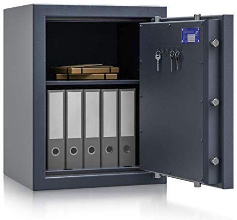 Müller Safe Wertschutzschrank Grad 2 EN 1143-1 BM2-2 | H700xB550xT465 | Doppelbartschloss mit 2 Schlüssel | ECB-S zertifiziert | 1 Fachboden | Platz für 9 A4-Ordner | 173 kg