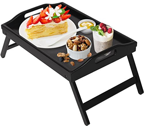 Bandeja de Cama con Patas Plegables con Asas, Bandeja de Comida para el Desayuno para sofá, Cama, Comer, Dibujar, Platos para Servir, Escritorio de Regazo, Bandeja de Aperitivos (Negro Mediano)