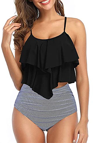 FLYILY Femmes Deux Pièces Taille Haute Maillots De Bain Tankini Ensembles À Volants Ruché Costume De Natation(2-BlackStripe,M)