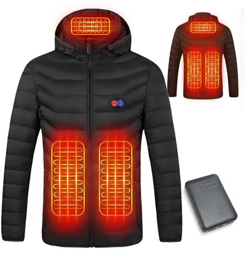 Veste Chauffante Homme et Femme - Blouson Chauffant USB Électrique avec Batterie 10000mAh, 5 Zones Chauffantes & 3 Niveaux de Température - Manteau Doudoune à Capuche pour Hiver et Moto