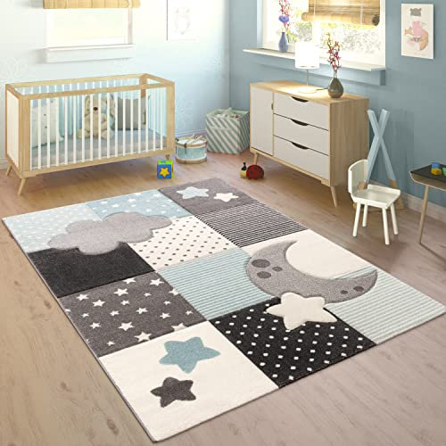 Paco Home Kinderteppich Kinderzimmer Kariert Punkte Wolken Sterne In Pastell Blau Grau, Grösse:160 cm Rund