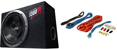 JVC CS-BW120 Equipo de Subwoofer de 300 mm Caja de Tamaño Compacto y Fácil Instalación. Potencia Pico de 1300 W + Extreme Sound ExplosionJuego de Cables para Amplificador