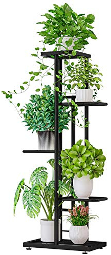 QUMENEY Organizador de macetas de 5 niveles, de metal, varios estantes para macetas, para interior y exterior, balcón, jardín, gris oscuro plateado