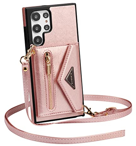 ZCDAYE Hülle für Samsung Galaxy S22 Ultra mit Band, Leder Galaxy S22 Ultra Handyhülle Handytasche Kleine Geldbörse Handykette Umhängetasche Case für Samsung S22 Ultra, Roségold