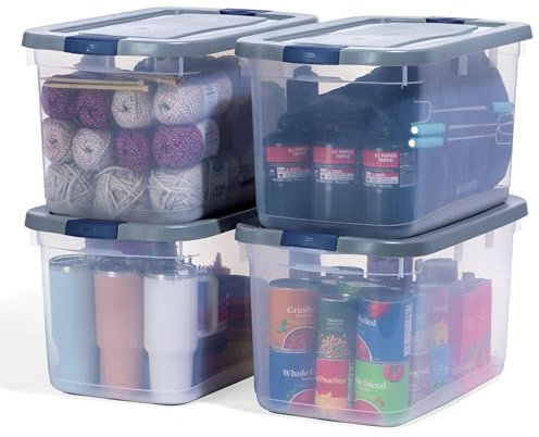 Rubbermaid Roughneck transparente Aufbewahrungsbehälter, 16,5 Liter, 4 Stück, mit einrastenden, grauen Deckeln, sichtbarer Boden, robust und stapelbar, ideal für Aufbewahrung und Organisation