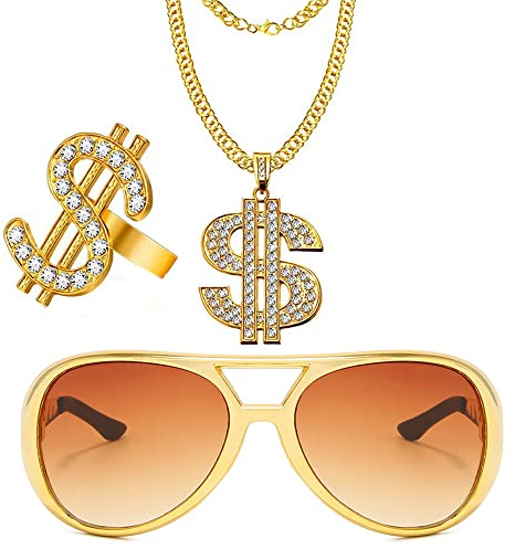 WEIWUXIAN Dollar Kette, 3 Stück Hip Hop Kostüm Set, Goldene Dollar- Kette & Ring, Zuhälter Kostüm Set, 80er Jahre Outfit Herren für Fasching Karneval Cosplay Kostüm, Fasching Accessoires, Mottoparty