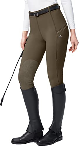SANTINY Women's Horse Riding Pants with Zipper Pockets Knee-Patch Schooling Tights Equestrian Breeches for Women (Brown_S)