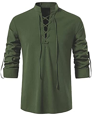 YAOHUOLE Men's Cotton Traditional Retro Style Lace up Long Sleeve Shirts for Medieval Viking Hippie Matching Army Green 2XL