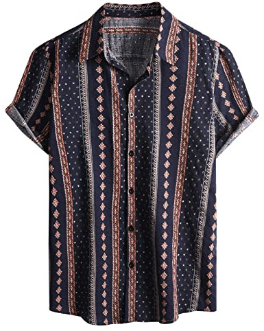 Yuson Girl Camisa Hawaiana Manga Corta Vintage para Hombre, Camisa Vintage Estampada con Botones, Camisa Informal para Señores (Marina, M)