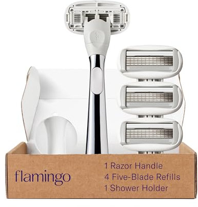 Flamingo Rasierer mit 5 Klingen für Frauen - 1 Rasiergriff + 4 5-Klingen-Nachfüllungen + 1 Duschhalter - Chrom