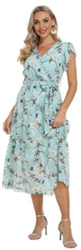 VintageClothing Damen-Sommerkleid, lässig, Blumenmuster, Boho-Kleid, fließend, V-Ausschnitt, Rüschen, A-Linie, Plisseesaum, Midi-Kleider, opal, Klein