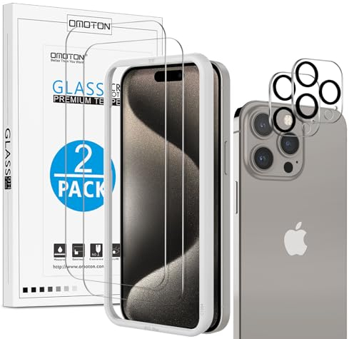 OMOTON für iPhone 15 Pro Panzer Schutz Glas mit Rahmen-Installationshilfe, kompatibel mit iPhone 15 Pro Kamera Schutzfolie, Anti- Kratzer, Bläschenfrei, 2+2 Stück