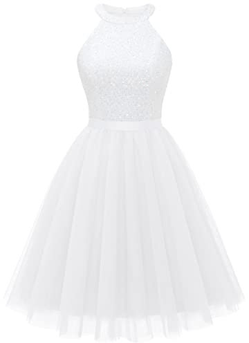 Dressystar Damen Elegant Tüllkleid Paillette Cocktailkleid Party Kleid Knielang Hochzeitsgast Ballkleid Weiß XXL