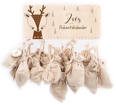 Personalisierter Adventskalender 2026 zum Befüllen mit Holzzahlen | Tolle Weihnachtsdeko aus Holz, Weihnachtskalender mit Tüten für Geschenke Mädchen & Jungen