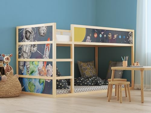 Aufkleber passend für Ikea KURA Bett Sticker Kinderzimmer Sonnensystem Space Weltall Astronaut Planeten Spielzimmer Deko Bettaufkleber KB3034 (Sticker-Set 5tlg.)