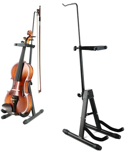 ROWELL Violin Stand Violin Stands with Bow Holder Foldable Portable Viola Stand Height Adjustable Violin Stand with Head Protection Lock &Anti-slip Foot Covers (Black)