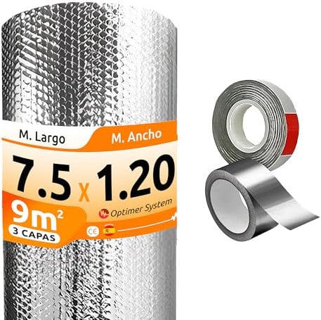 AISLANTE TERMICO MULTIUSOS PREMIUM| Reduce el Frio y el Calor | Rollo Aislante Termico para Ventana, Pared, Suelo, Techo, Coche, Garaje,Camper (7.5x1.20m | 9m² con cintas)