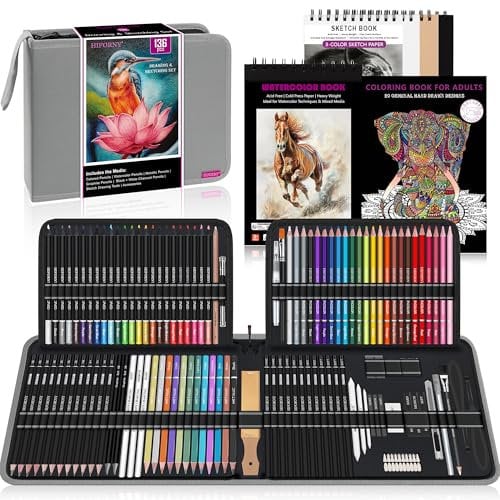 HIFORNY 136-teiliges Zeichen- und Skizzierset, Profi-Kunstzubehör mit Graphit, Anthrazit, Buntstiften, Aquarellstiften, Mischwerkzeuge, Skizzenbuch, Aquarellbuch und Malbuch- Grau