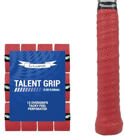 G-Lueck 12er Set Tennis Overgrip Talent Grip mit Perforation | 0,50-0,60mm Stärke | Griffband für Squash Badminton Schläger mit Selbstklebendem Abschlußband | sehr griffig, Anti-Rutsch (Rot)