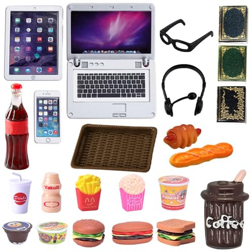 Fiotha 23 Pièces Miniature Dollhouse Accessories, Maison de Poupée Miniature Nourriture, Livres de Maison de poupée Miniatures, 1:12 Ordinateur Portable, pour Décoration de Maison de Poupée