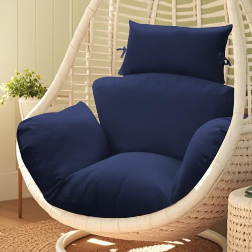 joomie Waterproof Egg Chair Cushion Replacement 119x79x13 cm Thicken Hanging Egg Swing Chair Cushion Indoor Outdoor Wicker Rattan Hammock Basket Cushion with Headrest Pillow, Blue