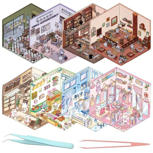 TYXHXTF 8 Sets 3D House Stickers, Miniatur Haus Sticker 3D, 3D Sticker Scene, Haus Aufkleber Machen Sie Ihren Eigenen, Relief Stress für Erwachsene und Kinder