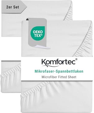 Komfortec Mikrofaser Spannbettlaken 2er Set 160x200 cm – Weiches Spannbetttuch mit Rundumgummi – Fitted Sheet für Matratzen bis 30 cm – Weiß – Oeko-Tex – Pflegeleicht & Hautfreundlich – 90g/m²