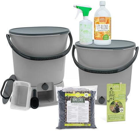 EM-Chiemgau Komposteimer Küche Geruchsdicht [2er Set] je 15,3 L Volumen Küchenabfalleimer Bokashi Set Eimer Komposter mit Zubehör für Küchenabfall, Mülltrennung & Kompostieren | Biomülleimer (grau)