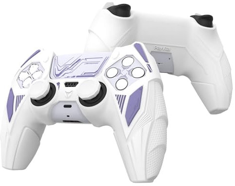 playvital Cover Controller per ps5 Joystick, Compatibile con ps5 Base di Ricarica, Custodia Silicone Antiscivolo Grip Ergonomico per Posizionamento Verticale, Mecha Rhino-Bianco&Lilla