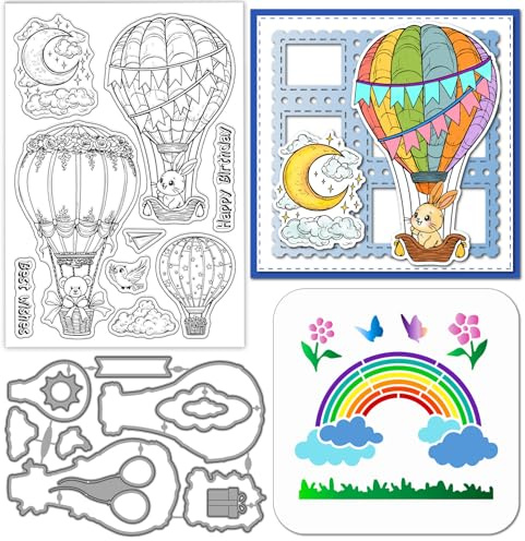 GLOBLELAND Heißluftballon Stanzformen transparente Stempel PET Malschablonen für die Kartengestaltung Tiere Regenbogen Silikonstempel Metallgrüße Stanzformen PET Malschablonen für DIY Scrapbooking