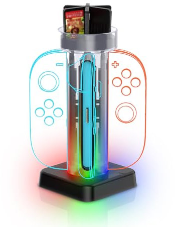 Dock di Ricarica per Switch 2 e Joycon: Stazione di Ricarica 4-in-1 con Luci RGB, Custodia per Schede di Gioco e Design Antipolvere