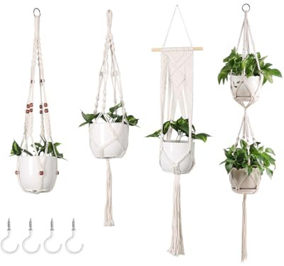 Hitopin Portacoltura Appeso in Macramè, 4 Pezzi Portafiori Corda Tessitura a Mano,Corda per Piante da Appendere, Appendini per piante, per Giardini, Terrazzi, Balconi e Finestre
