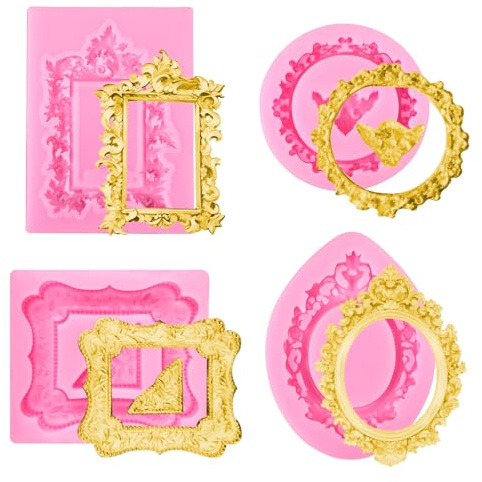 4 Pcs Frame Mould, Baroque Style Frame Moulds for Chocolate, Silicone Moulds for Cake, Candy, Donut, Fondant Decoration, and Clay Craft Making (Pink)
