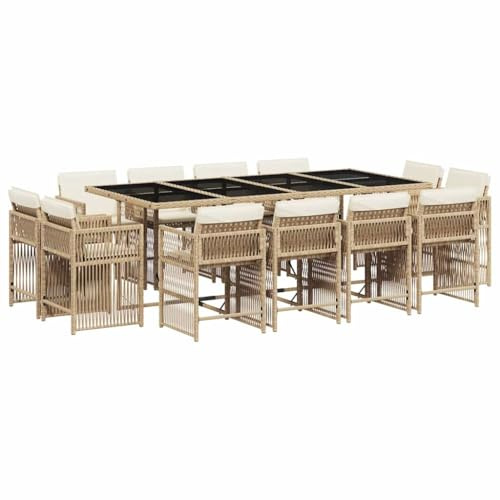 vidaXL Garten Essgruppe 13-TLG., Gartenmöbel Set Tisch mit 12 Stühle, Gartengarnitur mit Kissen, Sitzgruppe Essgarnitur Terrasse, Beige Poly Rattan